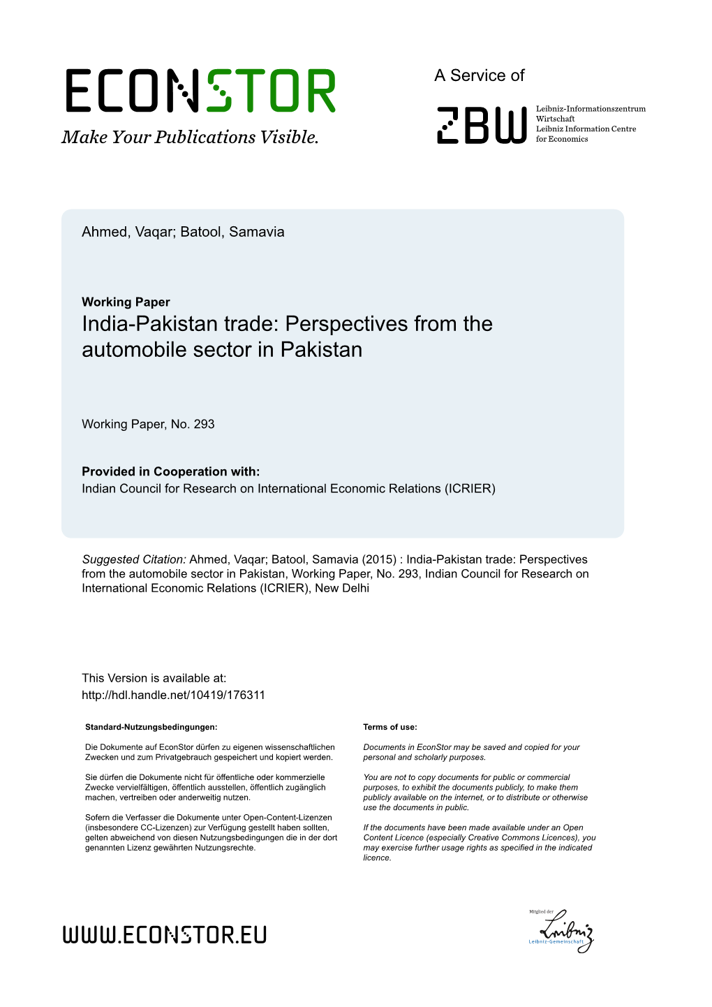 India-Pakistan Trade: Perspectives from Auto Sector Of