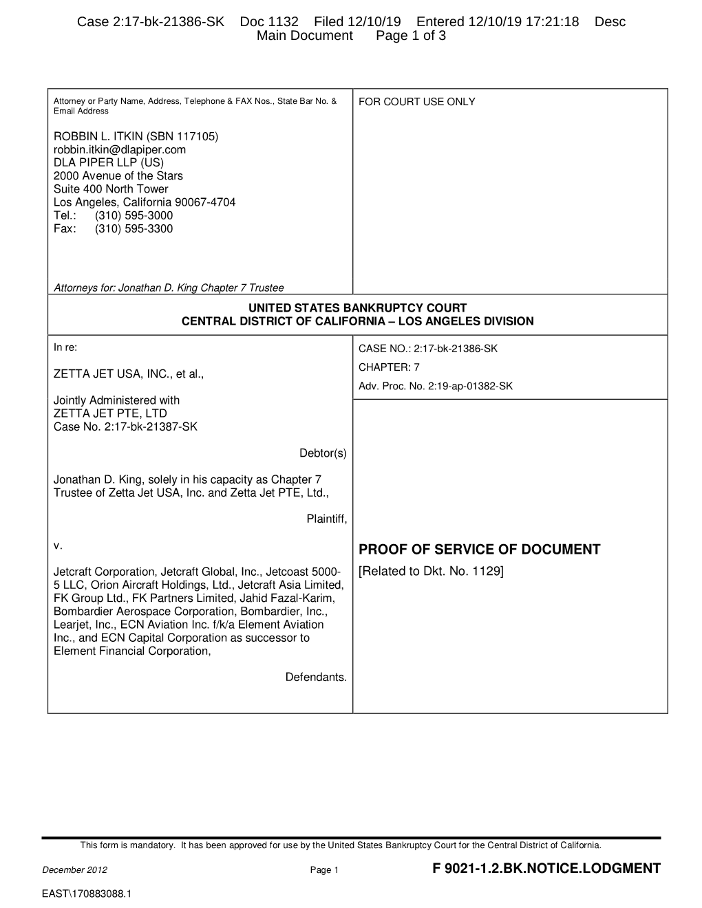 F 9021-1.2.Bk.Notice.Lodgment Proof of Service Of