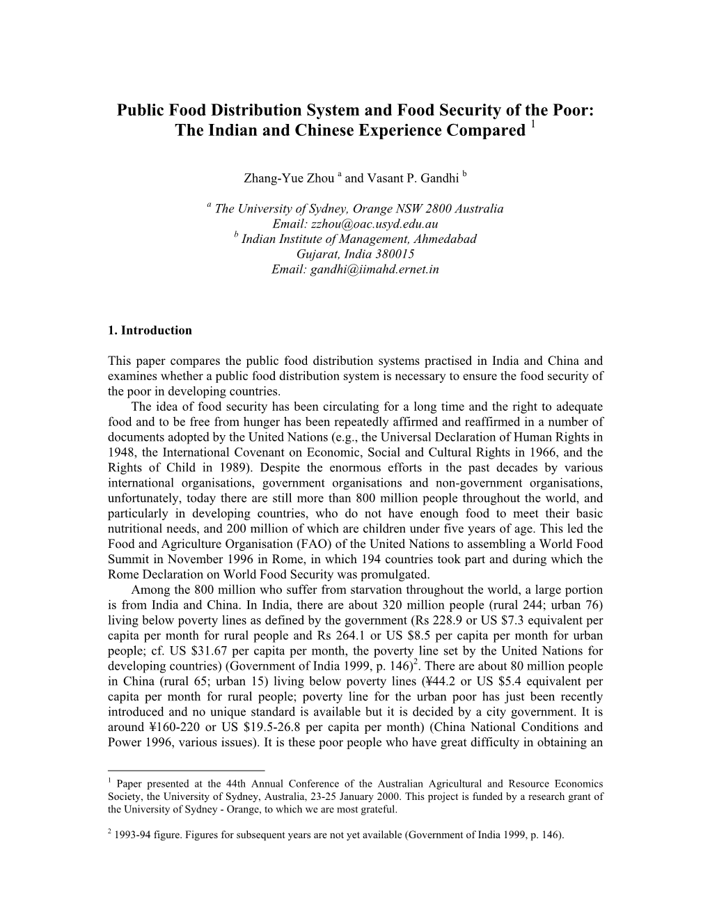 Public Food Distribution System and Food Security of the Poor: the Indian and Chinese Experience Compared 1