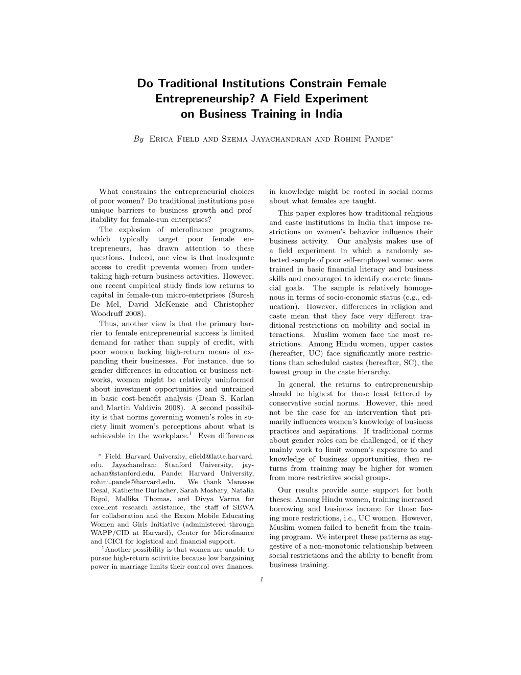 Do Traditional Institutions Constrain Female Entrepreneurship? a Field Experiment on Business Training in India