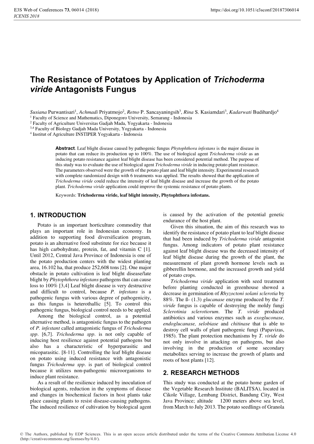 The Resistance of Potatoes by Application of Trichoderma Viride Antagonists Fungus