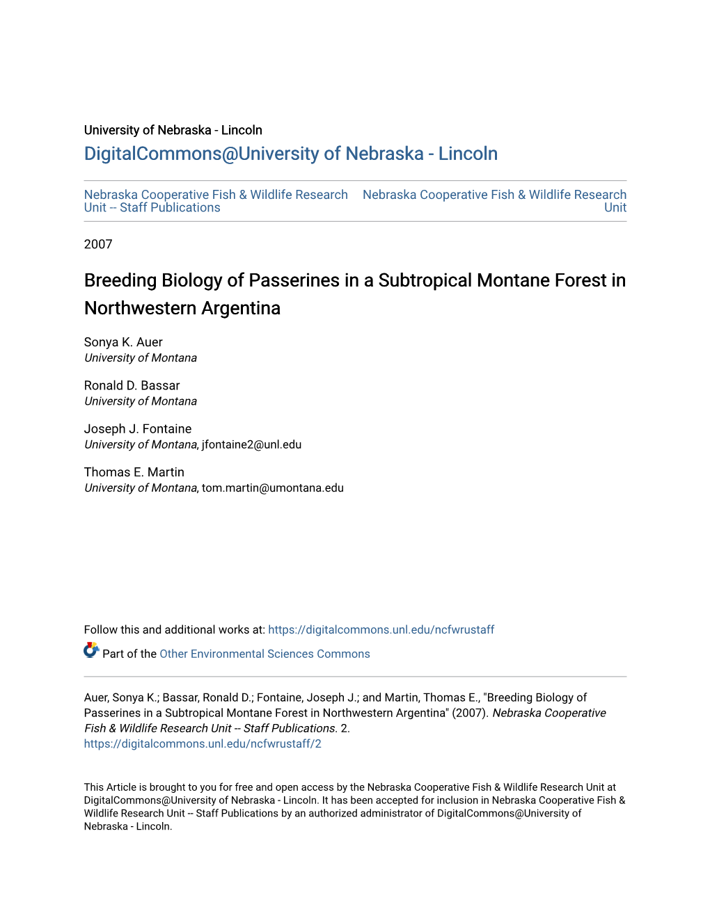Breeding Biology of Passerines in a Subtropical Montane Forest in Northwestern Argentina
