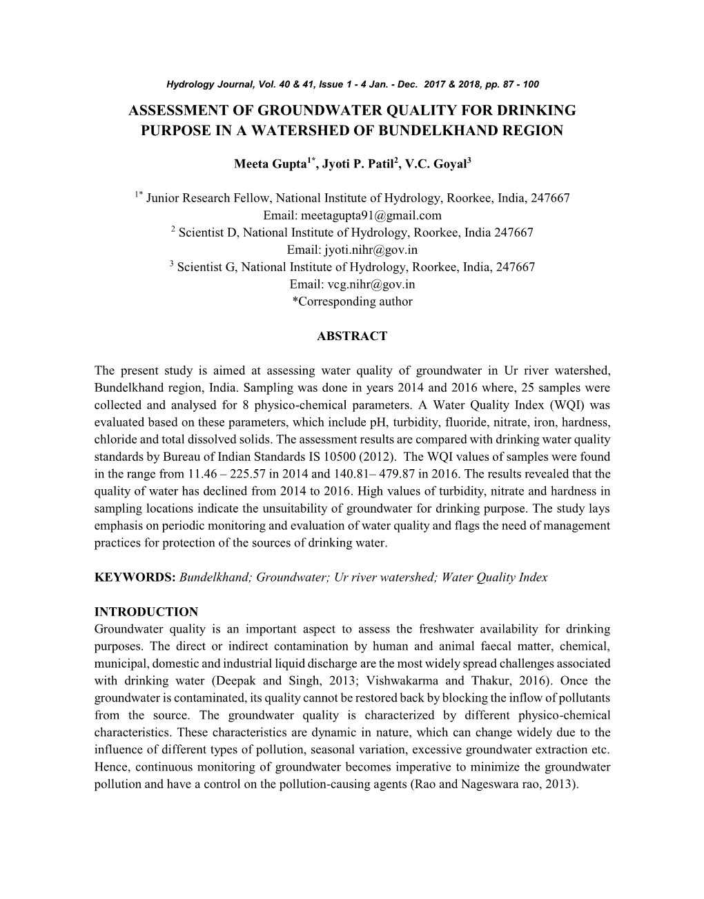 Assessment of Groundwater Quality for Drinking Purpose in a Watershed of Bundelkhand Region