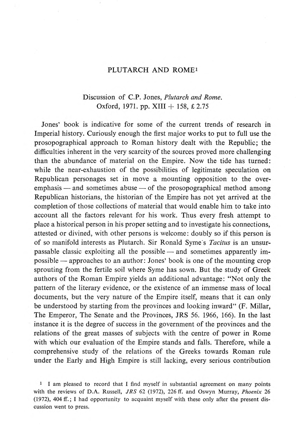 PLUTARCH and ROME1 Discussion of C.P. Jones, Plutarch and Rome