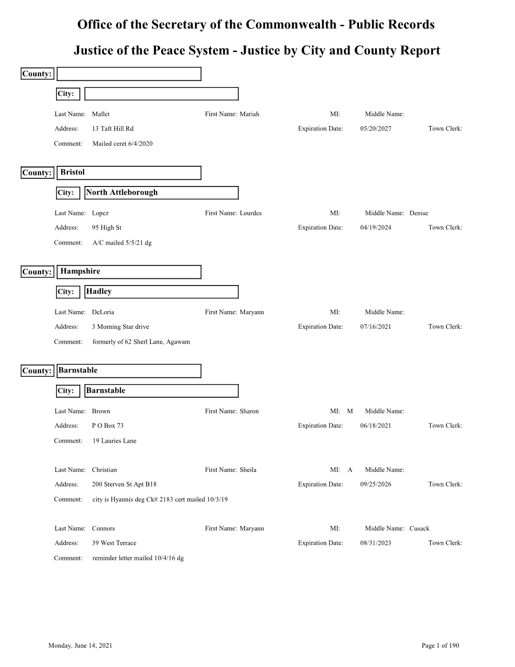 Public Records Justice of the Peace System - Justice by City and County Report