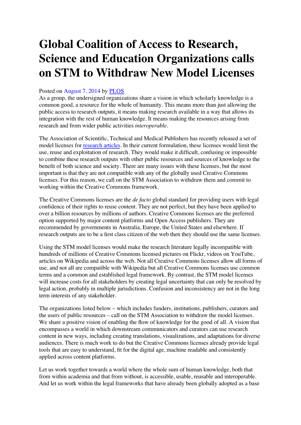 Global Coalition of Access to Research, Science and Education Organizations Calls on STM to Withdraw New Model Licenses