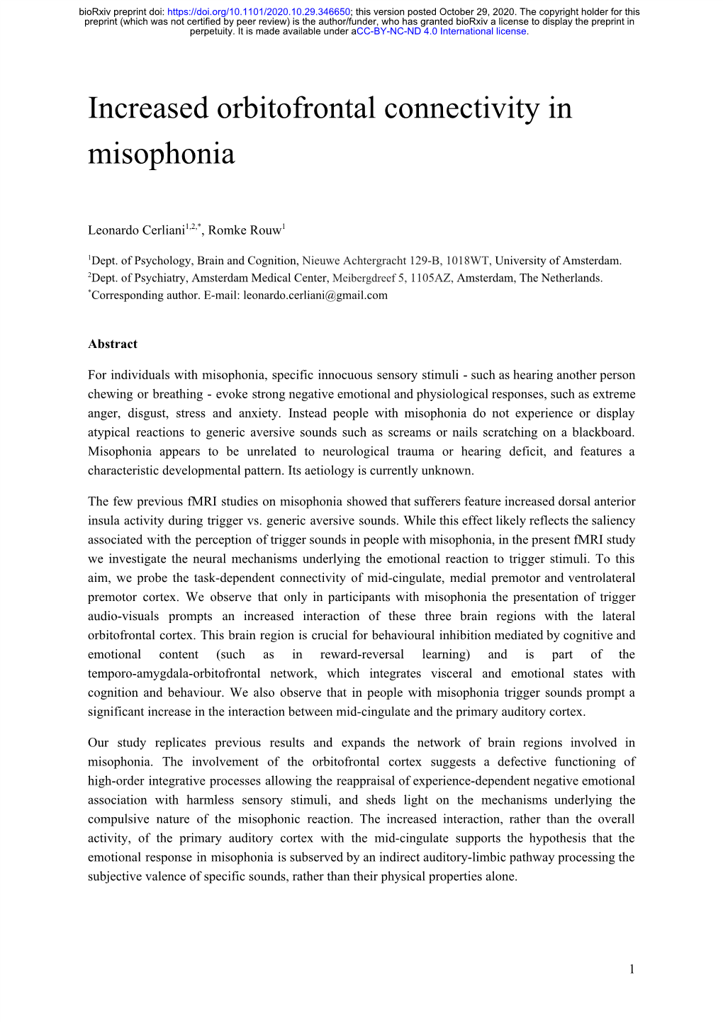 Increased Orbitofrontal Connectivity in Misophonia