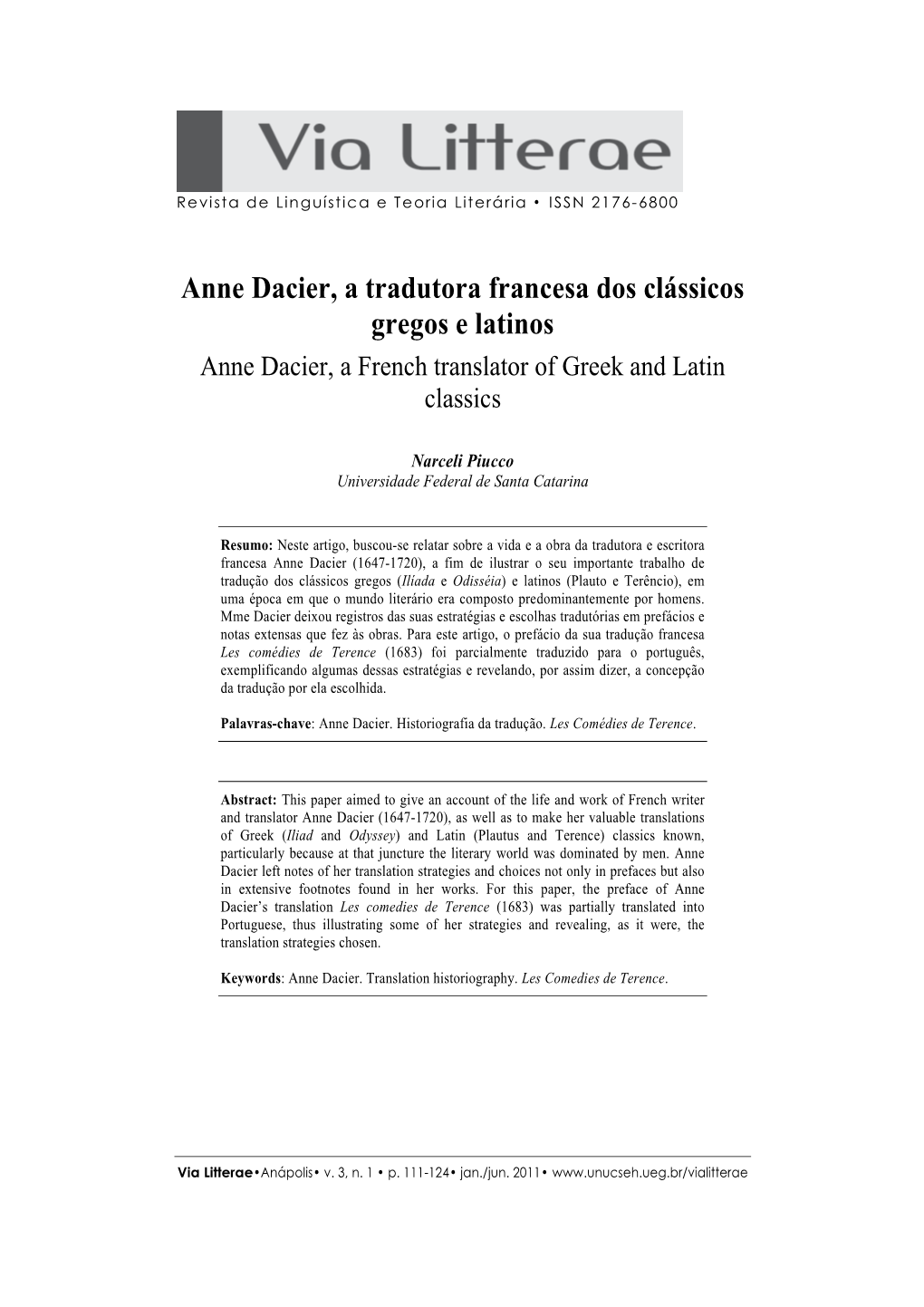 Anne Dacier, a Tradutora Francesa Dos Clássicos Gregos E Latinos Anne Dacier, a French Translator of Greek and Latin Classics