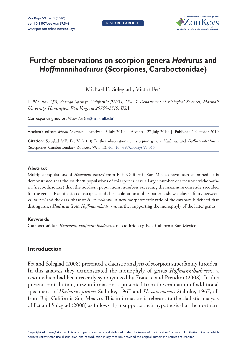 Further Observations on Scorpion Genera Hadrurus and Hoffmannihadrurus (Scorpiones, Caraboctonidae)