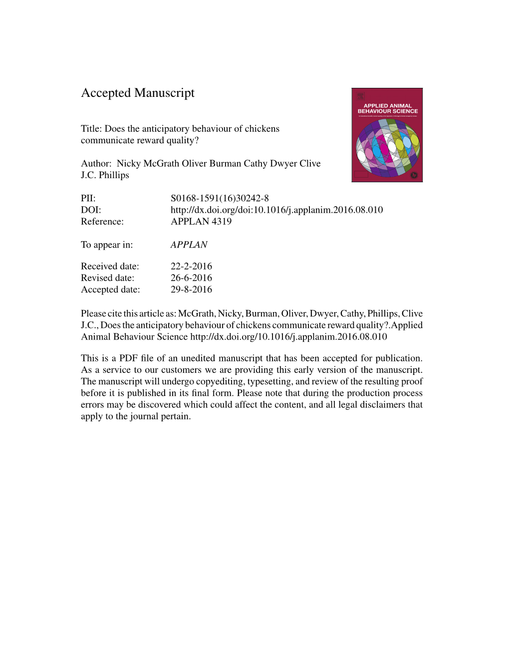 Does the Anticipatory Behaviour of Chickens Communicate Reward Quality?