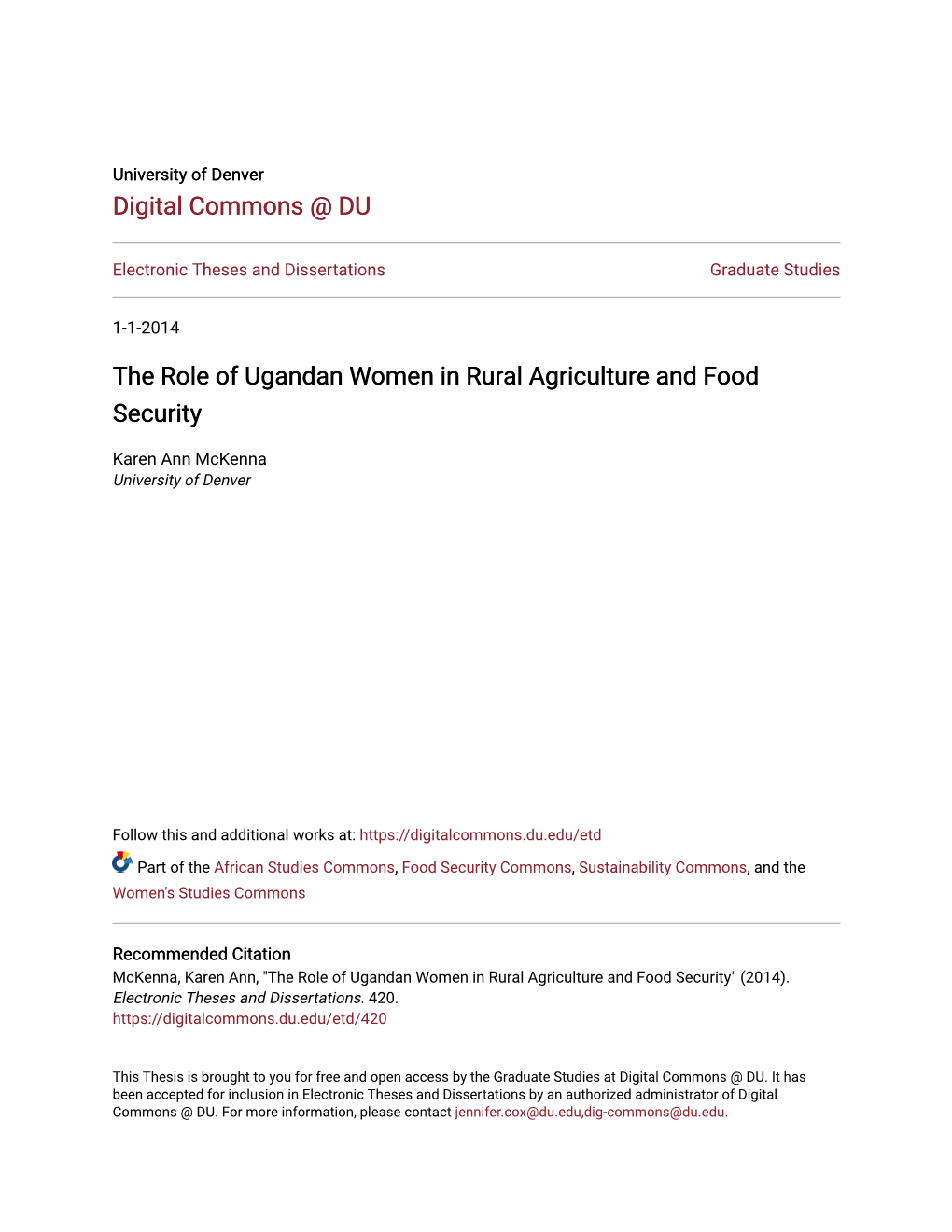 The Role of Ugandan Women in Rural Agriculture and Food Security