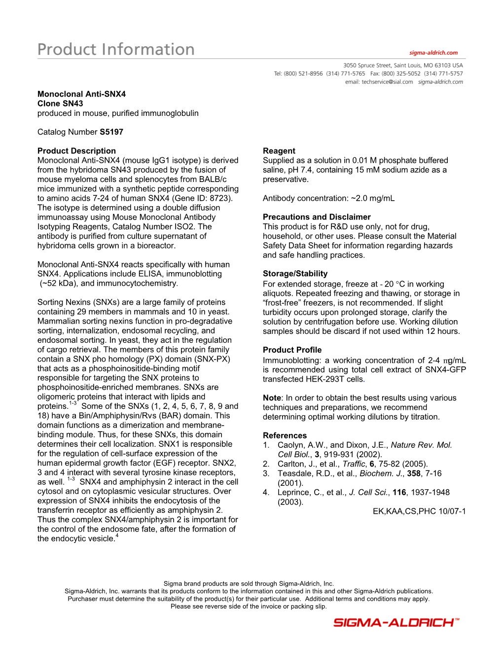 Monoclonal Anti-SNX4, Clone SN43 (S5197)