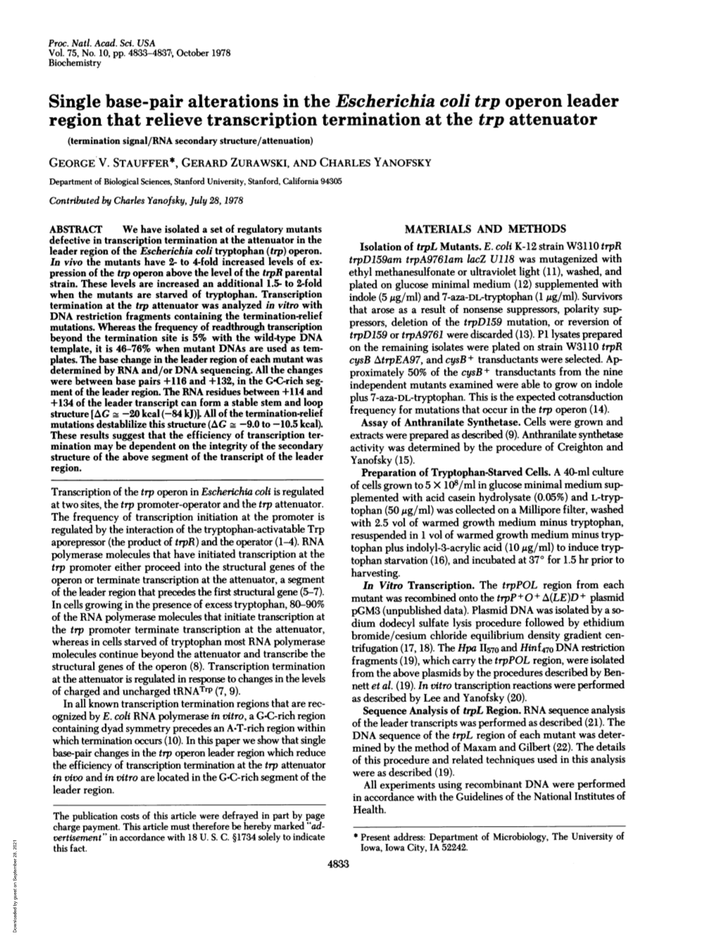 Single Base-Pair Alterations in the Escherichia Coli Trp Operon