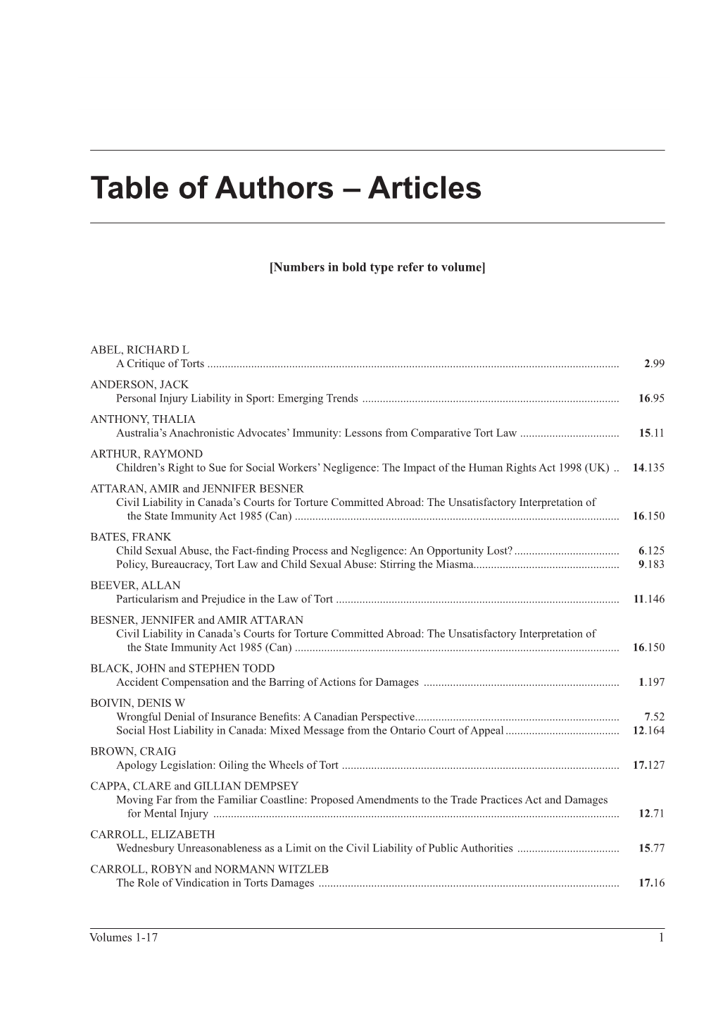 Tort L Rev Table of Authors Vols 1-17