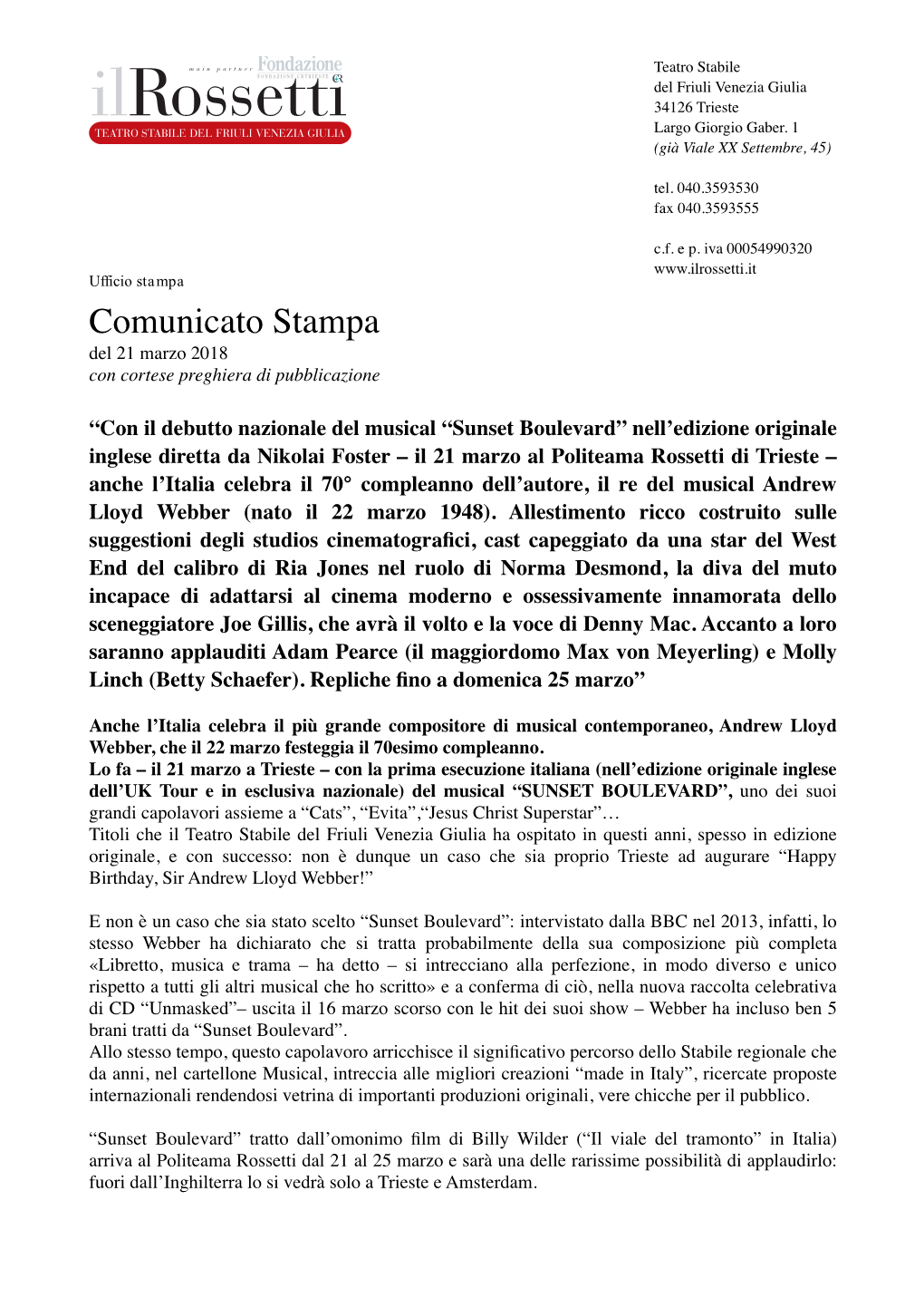 Comunicato Stampa Del 21 Marzo 2018 Con Cortese Preghiera Di Pubblicazione