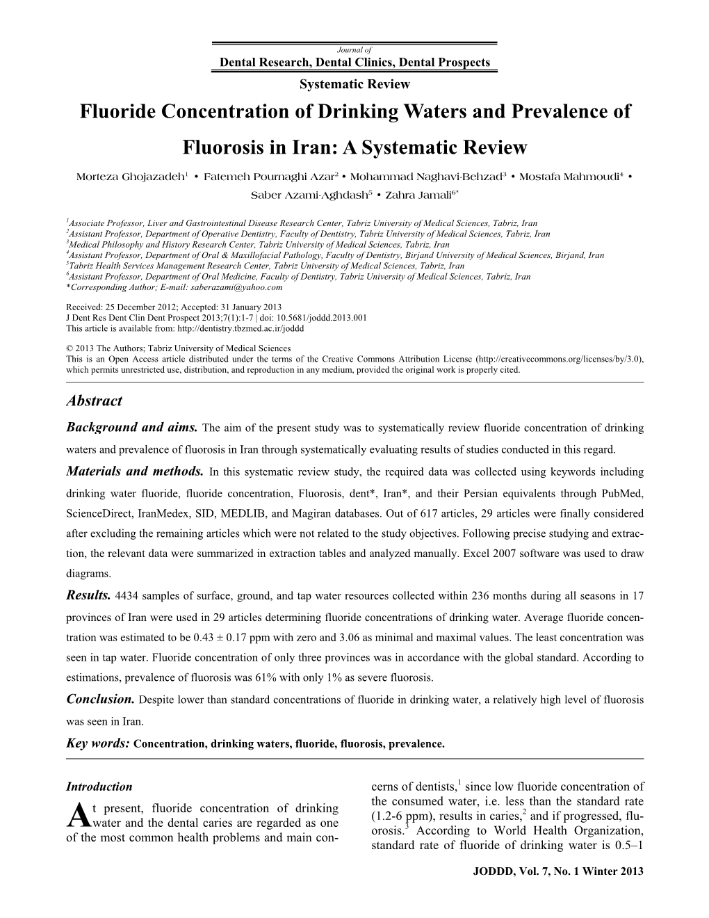 Fluoride Concentration of Drinking Waters and Prevalence of Fluorosis in Iran: a Systematic Review