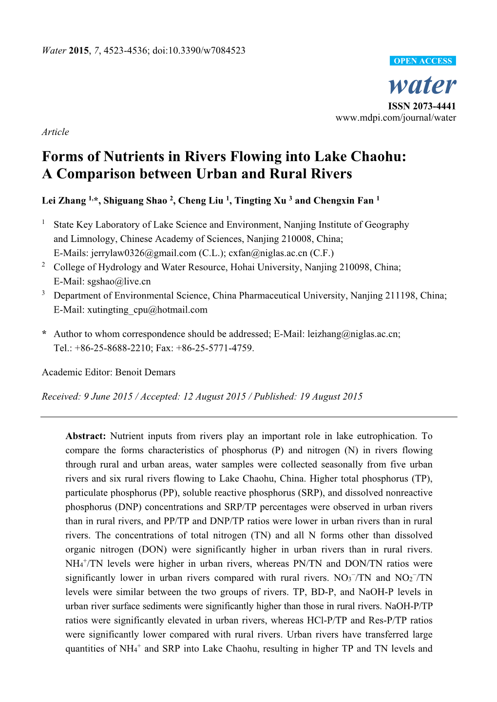 Forms of Nutrients in Rivers Flowing Into Lake Chaohu: a Comparison Between Urban and Rural Rivers