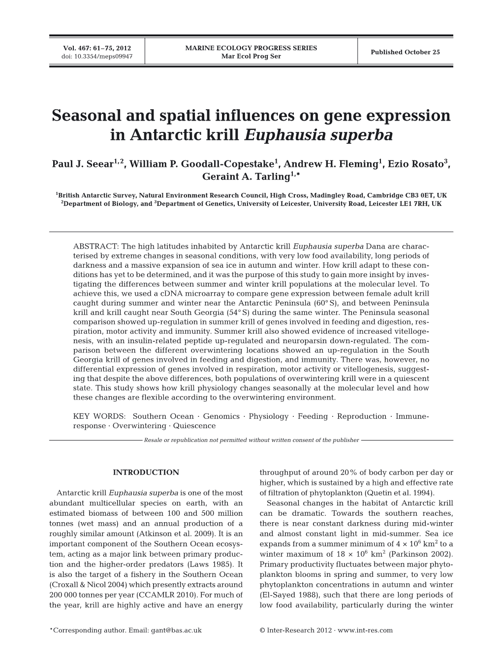 Seasonal and Spatial Influences on Gene Expression in Antarctic Krill Euphausia Superba
