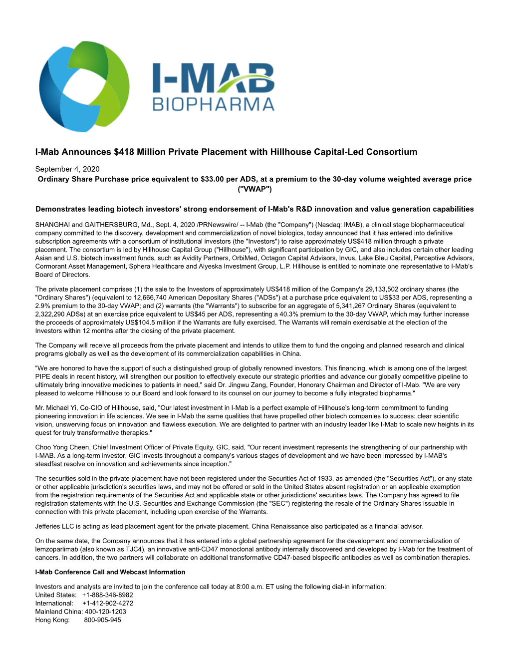 I-Mab Announces $418 Million Private Placement with Hillhouse Capital-Led Consortium