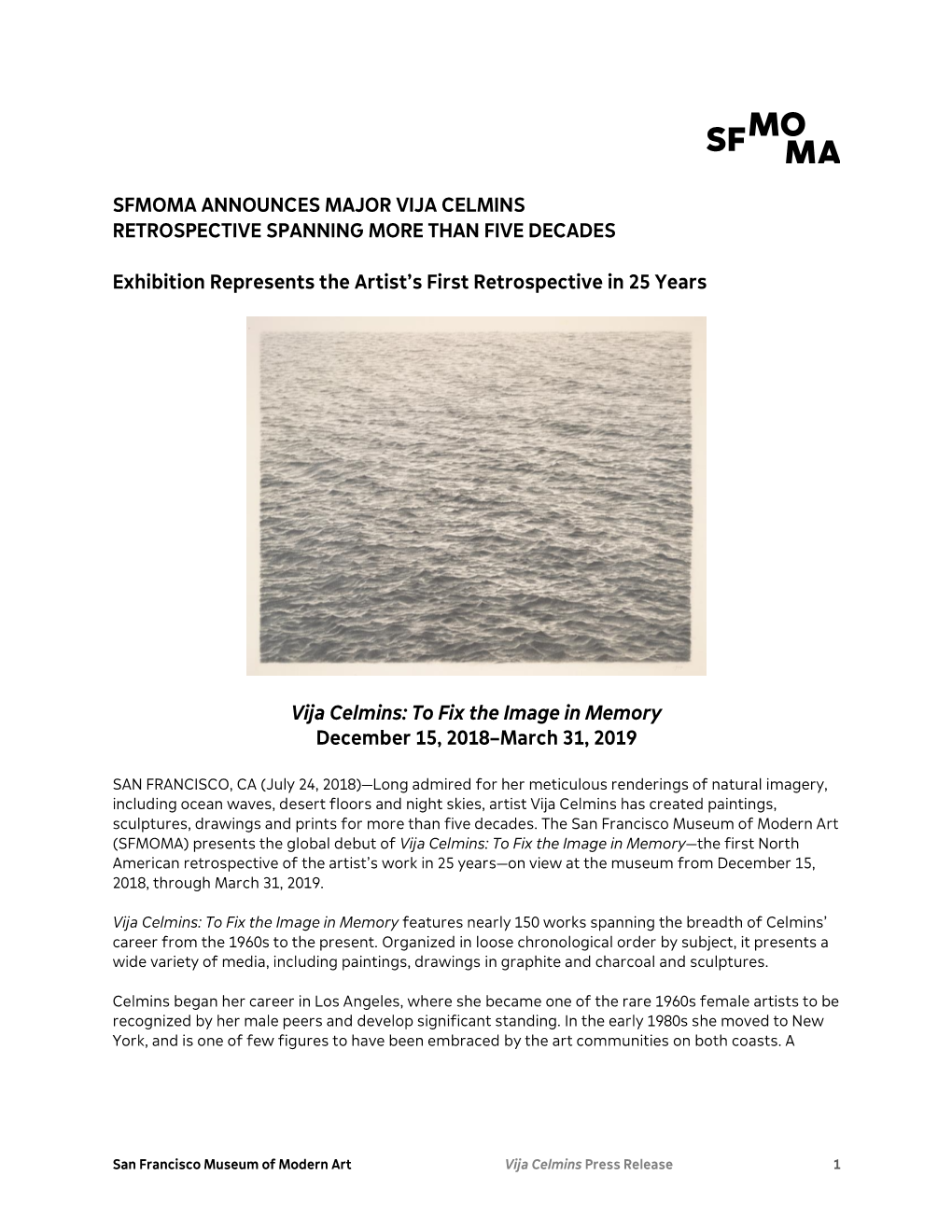 Sfmoma Announces Major Vija Celmins Retrospective Spanning More Than Five Decades