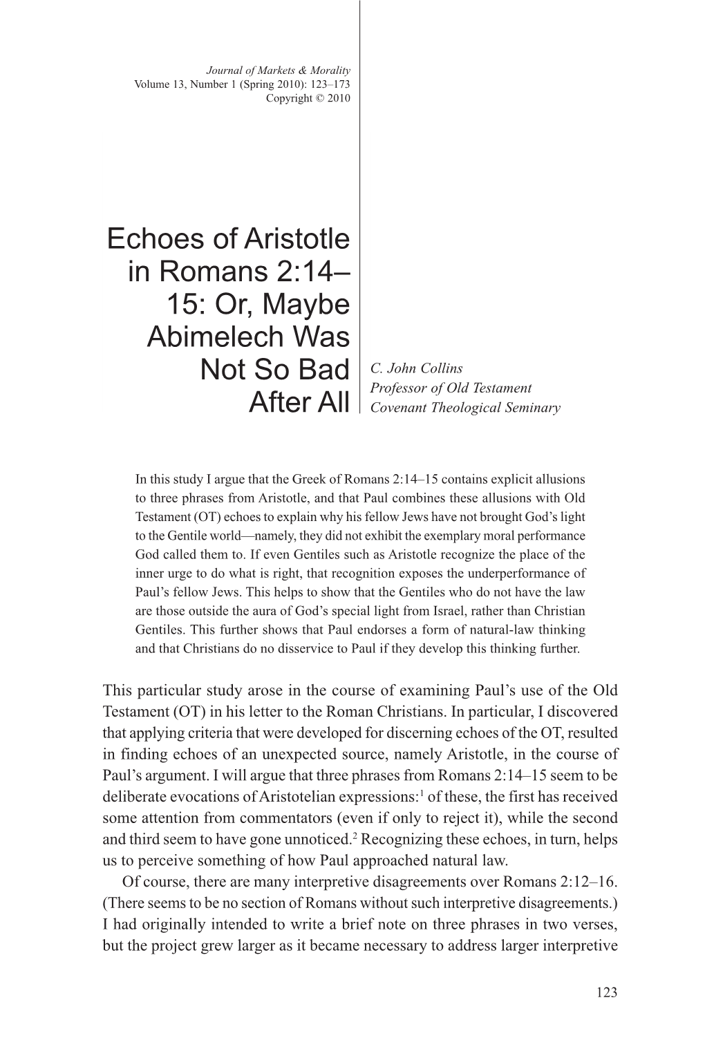 Echoes of Aristotle in Romans 2:14– 15: Or, Maybe Abimelech Was Not So Bad C