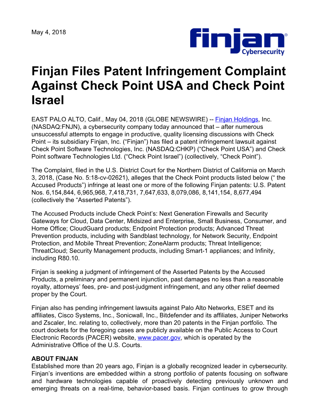 Finjan Files Patent Infringement Complaint Against Check Point USA and Check Point Israel