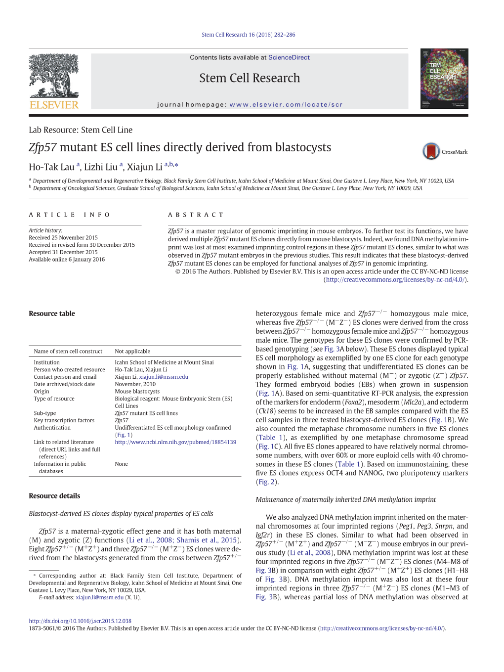 Zfp57 Mutant ES Cell Lines Directly Derived from Blastocysts