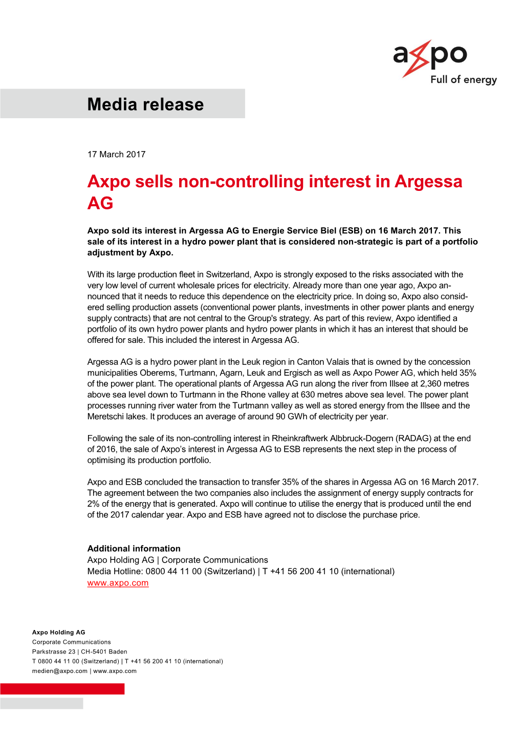 Media Release Axpo Sells Non-Controlling Interest in Argessa AG