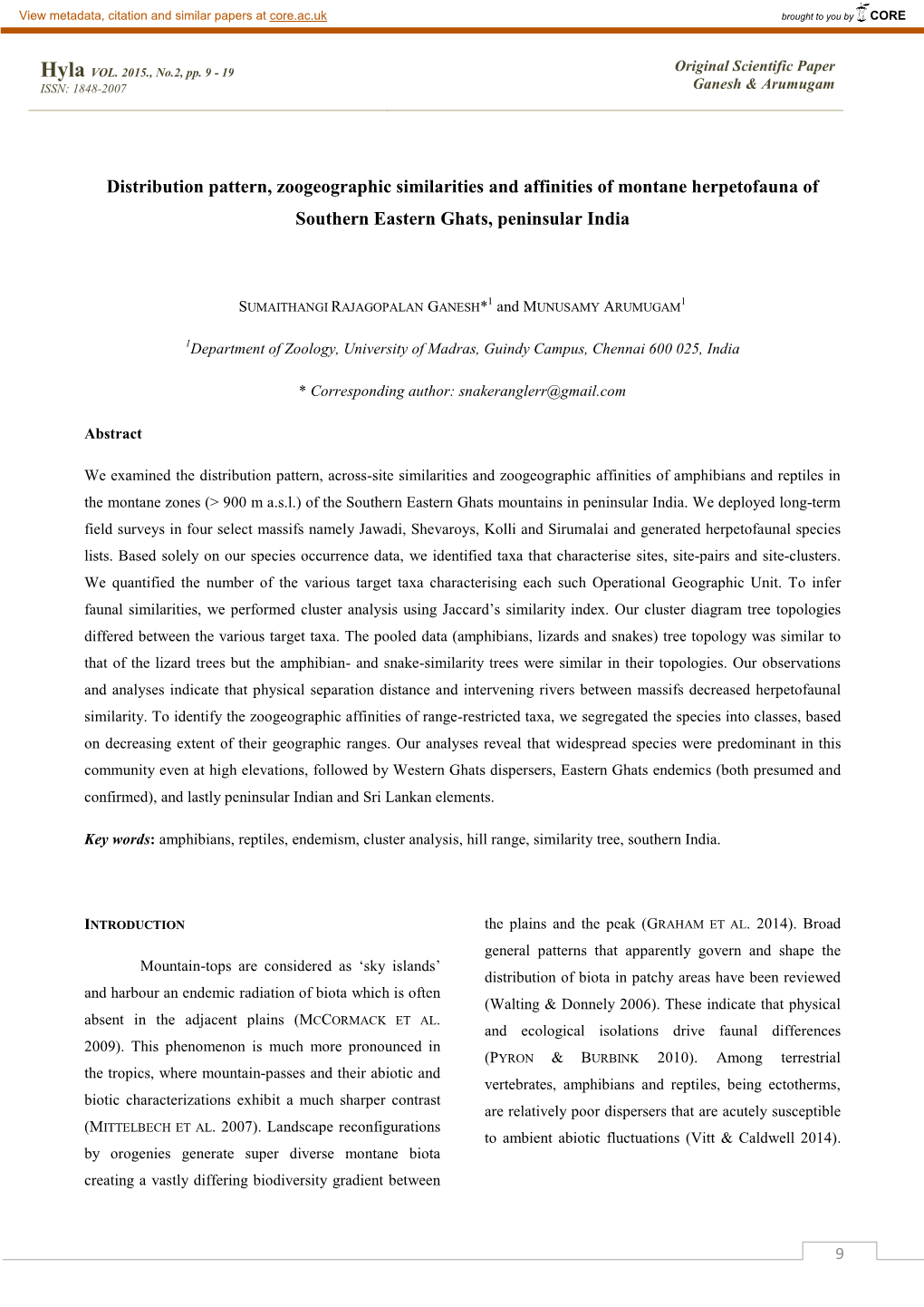 Distribution Pattern, Zoogeographic Similarities and Affinities of Montane Herpetofauna of Southern Eastern Ghats, Peninsular India