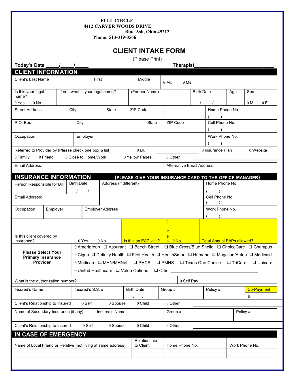 Cliet Intake Form