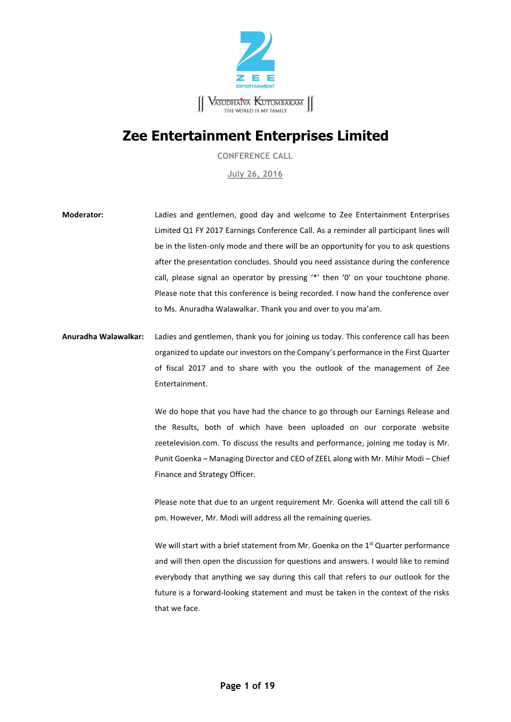 Zee Entertainment Enterprises Limited