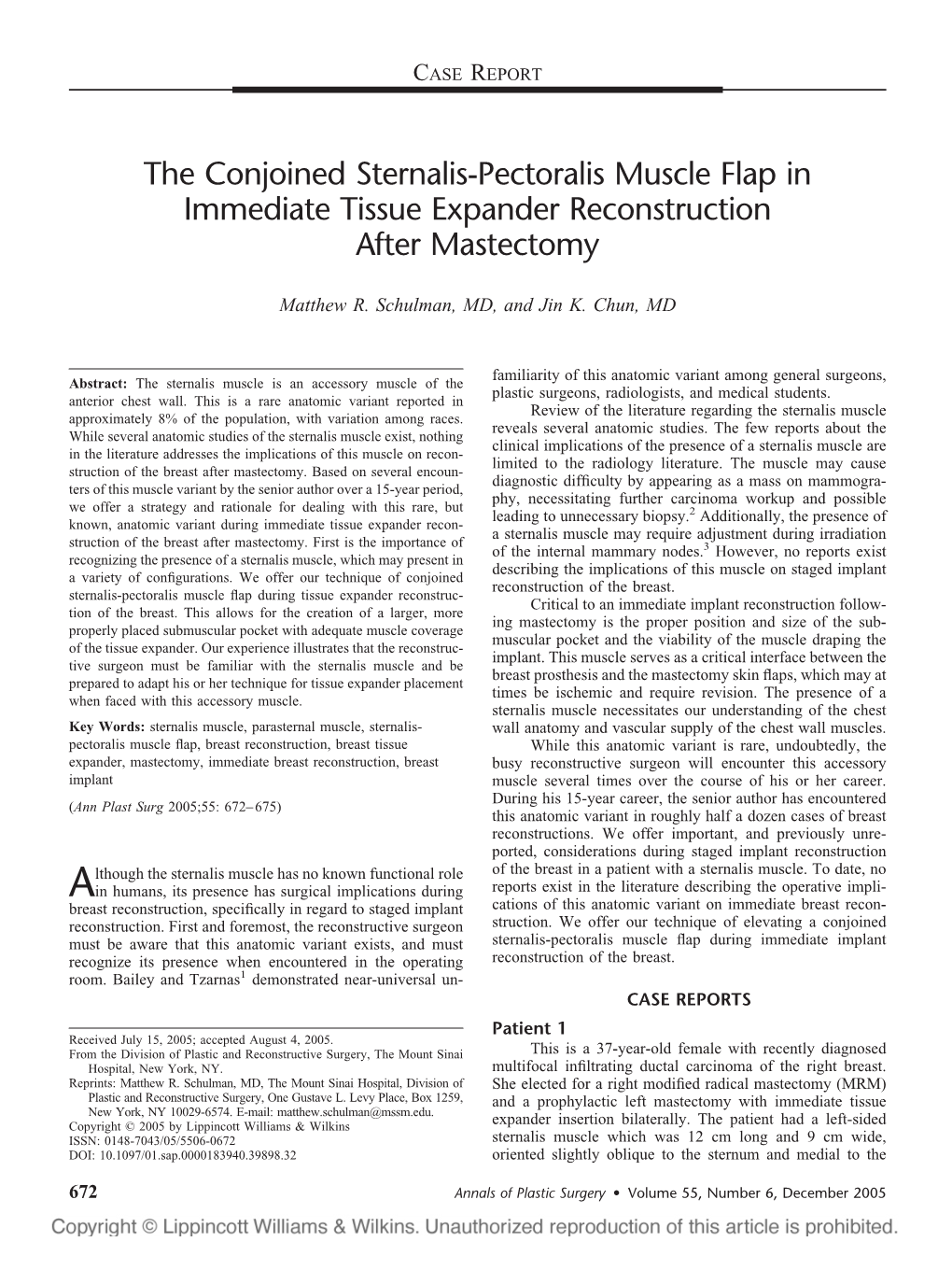 The Conjoined Sternalis-Pectoralis Muscle Flap in Immediate Tissue Expander Reconstruction After Mastectomy