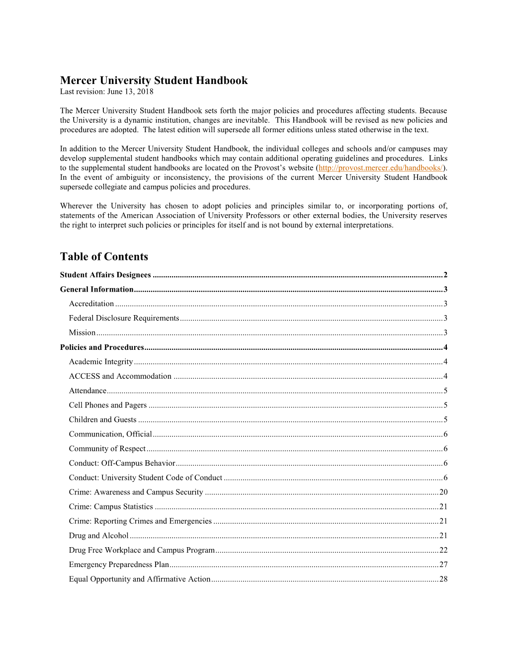 Mercer University Student Handbook Table of Contents