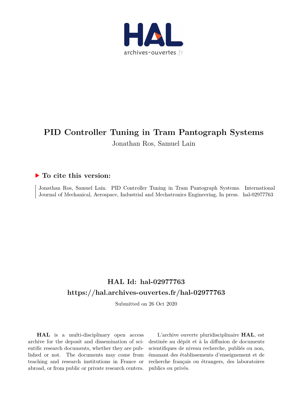 PID Controller Tuning in Tram Pantograph Systems Jonathan Ros, Samuel Lain