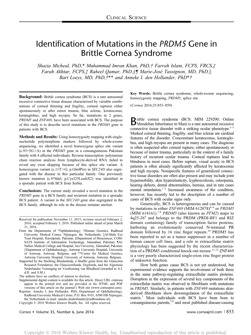 Identification of Mutations in the PRDM5 Gene in Brittle Cornea