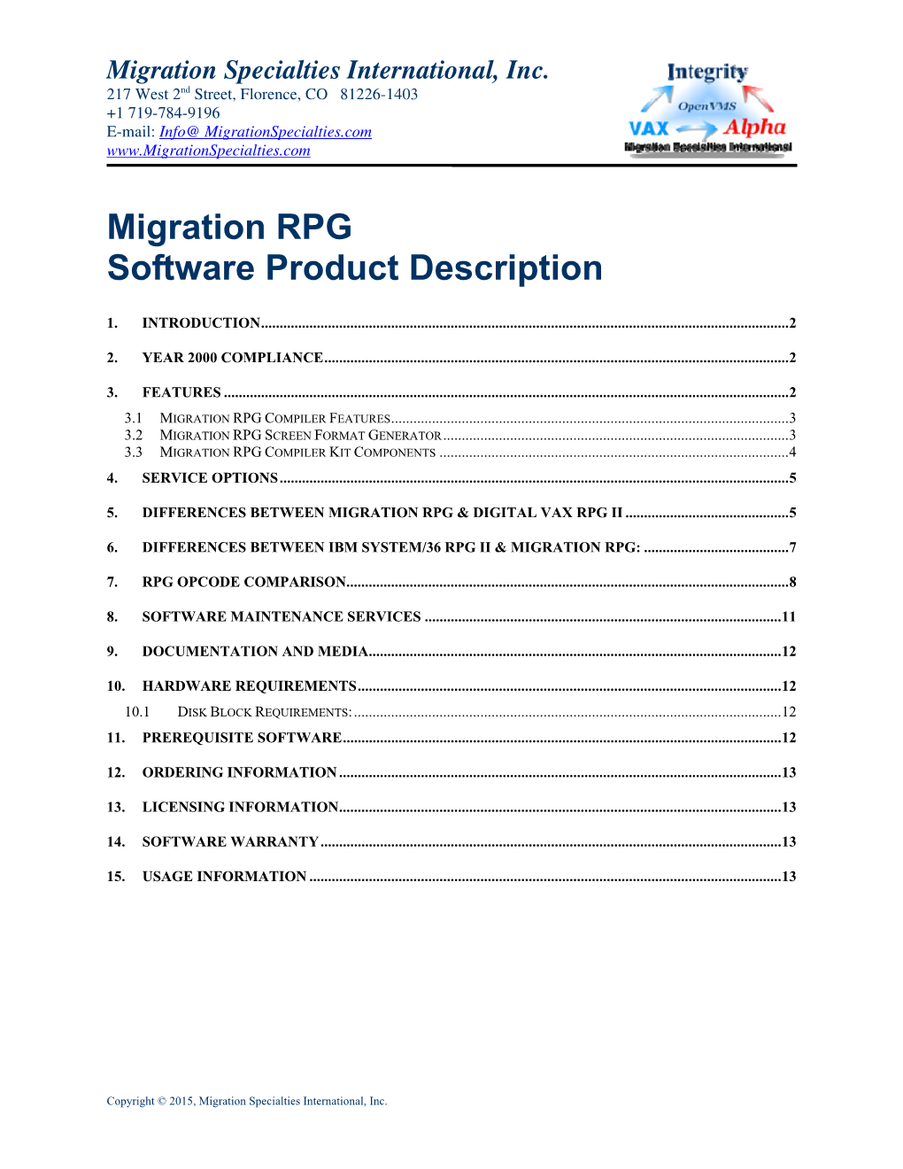 Migration RPG Software Product Description