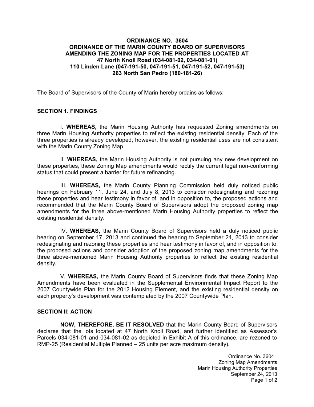 Ordinance of the Marin County Board of Supervisors