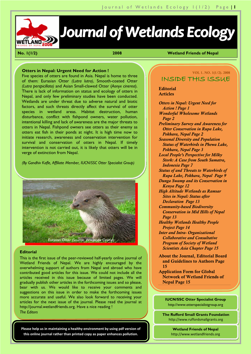 Journal of Wetlands Ecology 1(1/2) Page | 1