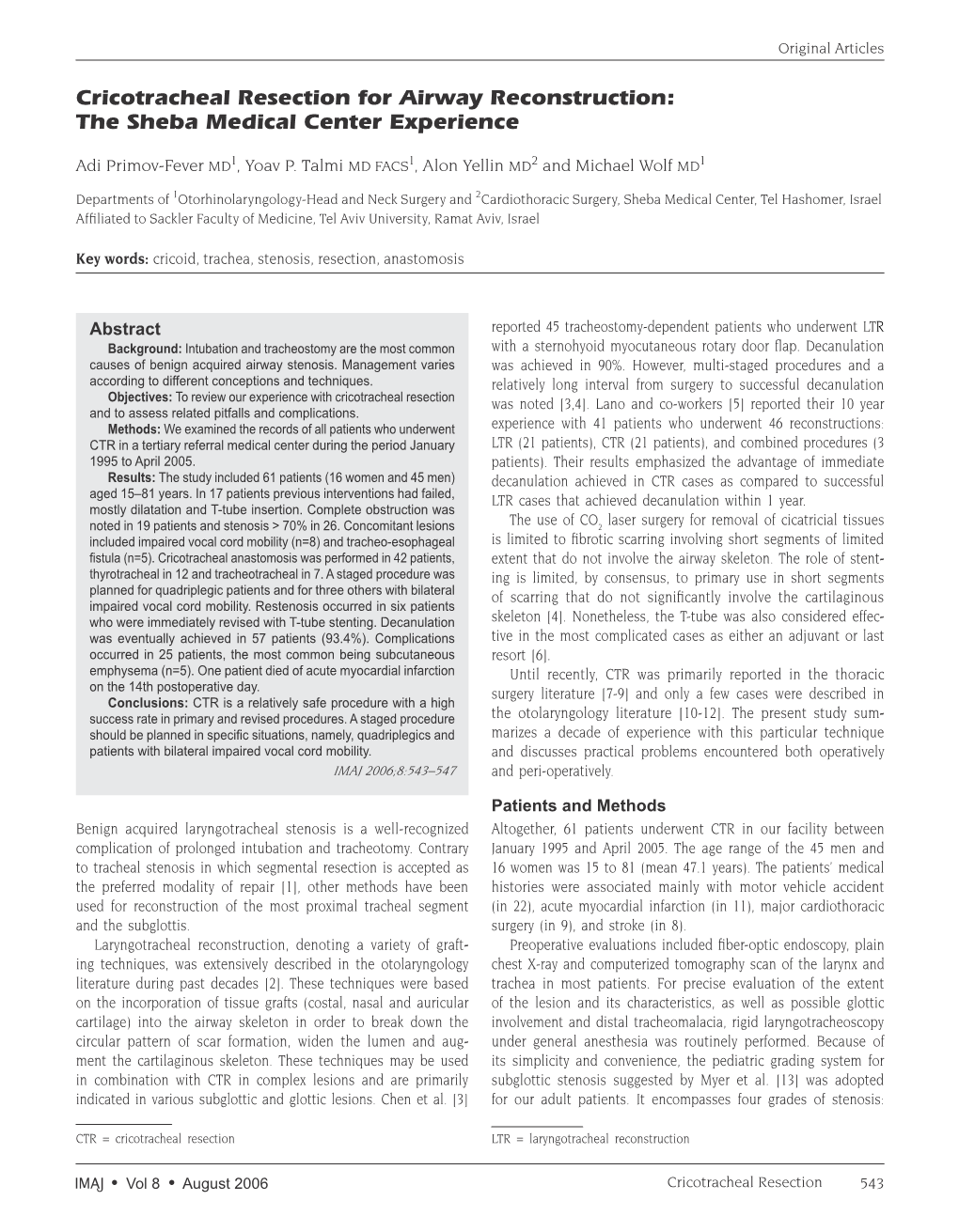 Cricotracheal Resection for Airway Reconstruction: the Sheba Medical Center Experience