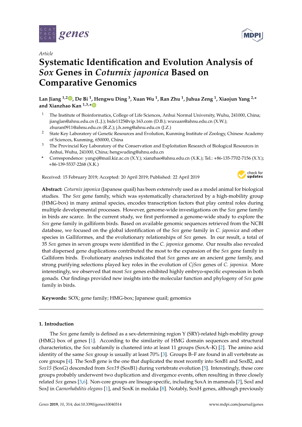 Systematic Identification and Evolution Analysis of Sox Genes in Coturnix Japonica Based on Comparative Genomics