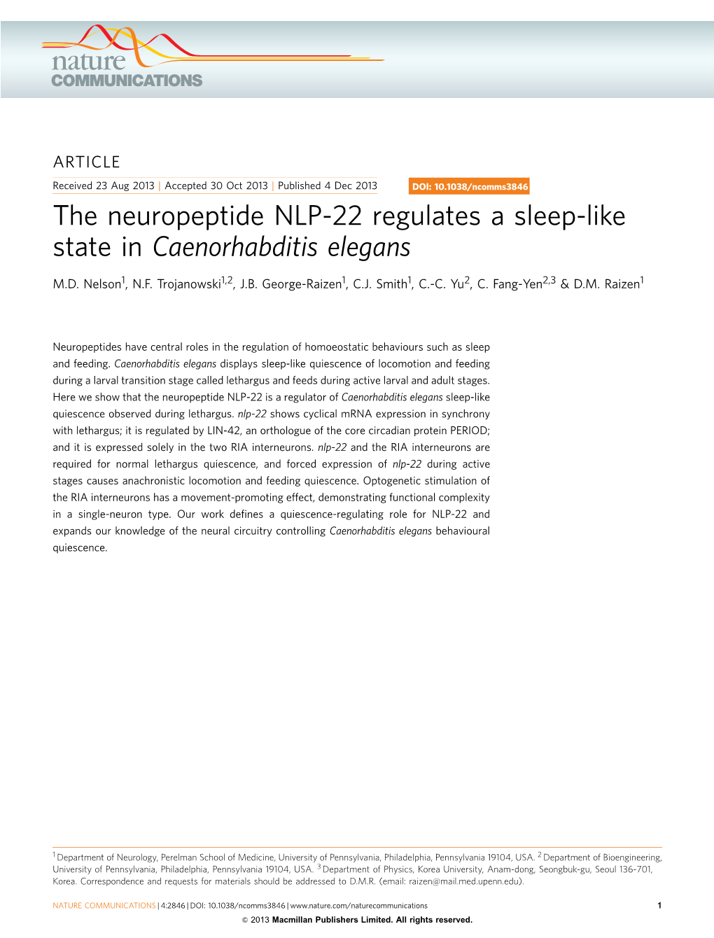 The Neuropeptide NLP-22 Regulates a Sleep-Like State in Caenorhabditis Elegans