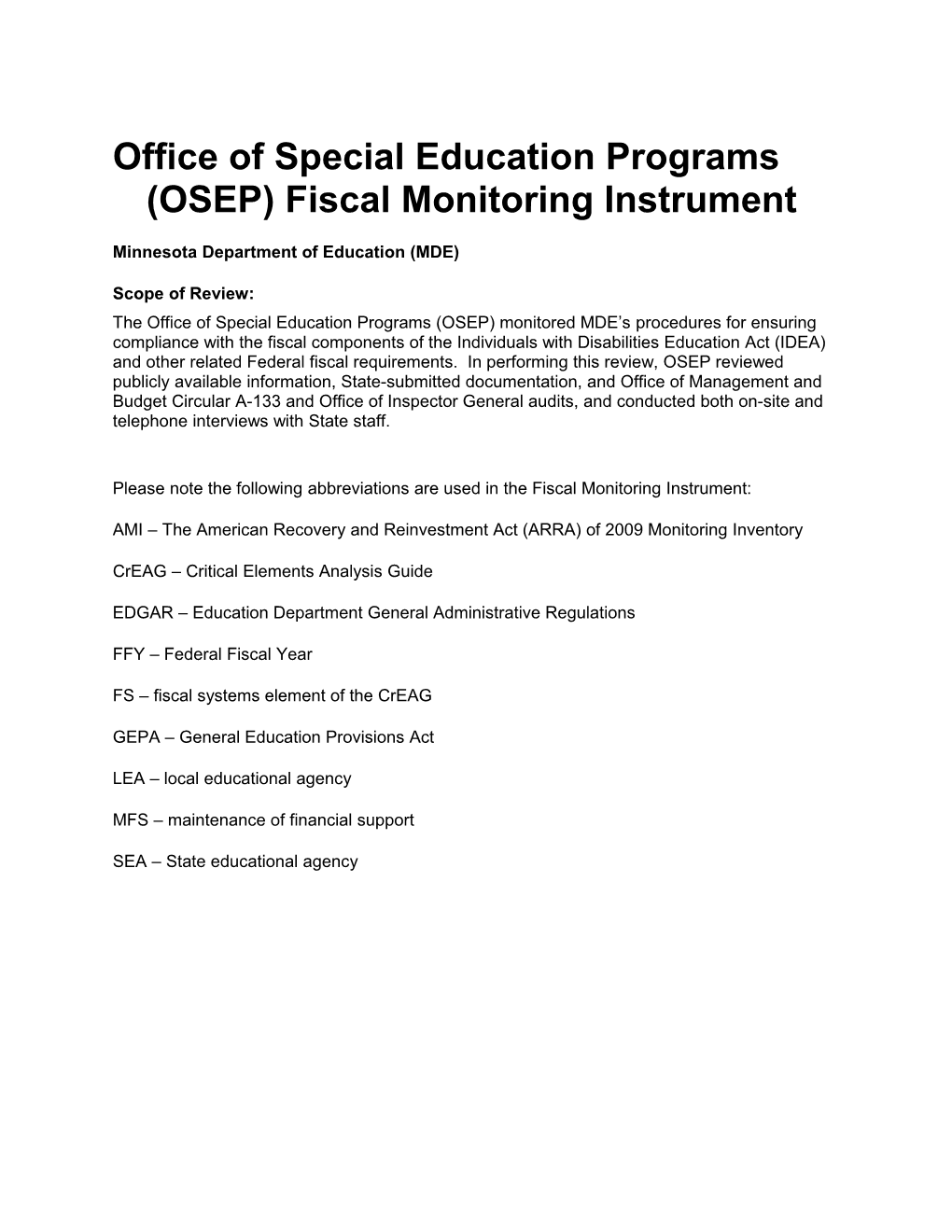 OSEP Fiscal Monitoring Instrument: Minnesota Department of Education (MDE) (MS Word)