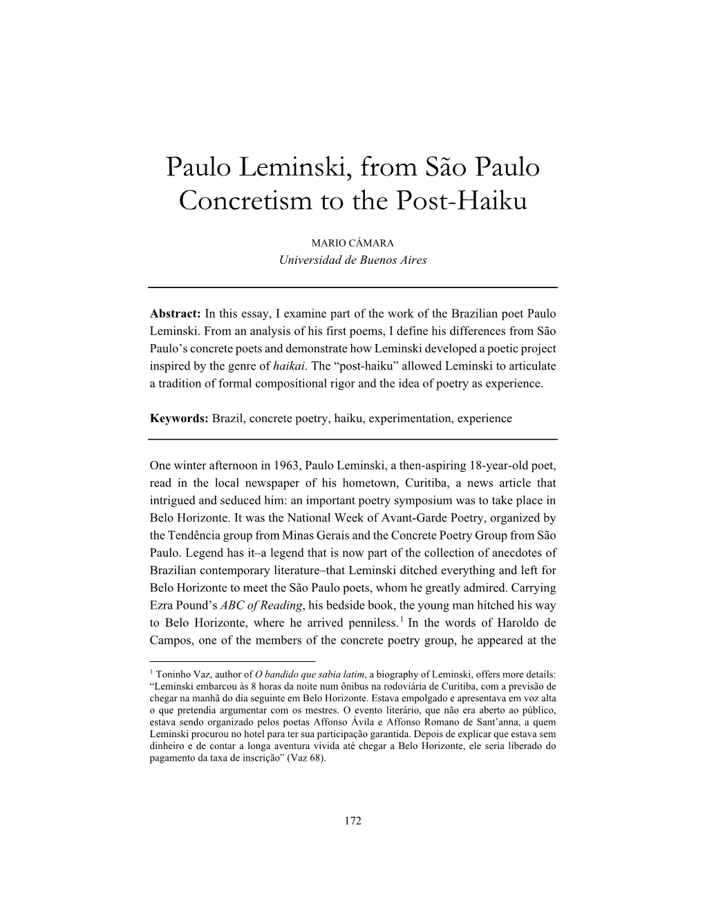 Paulo Leminski, from São Paulo Concretism to the Post-Haiku