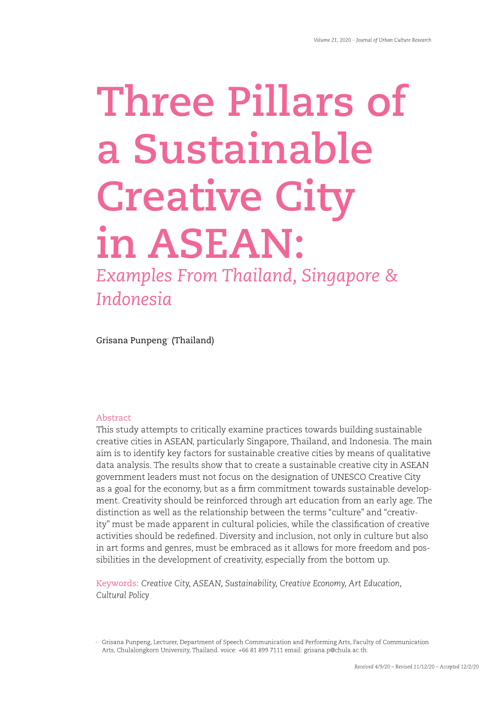 Three Pillars of a Sustainable Creative City in ASEAN: Examples from Thailand, Singapore & Indonesia