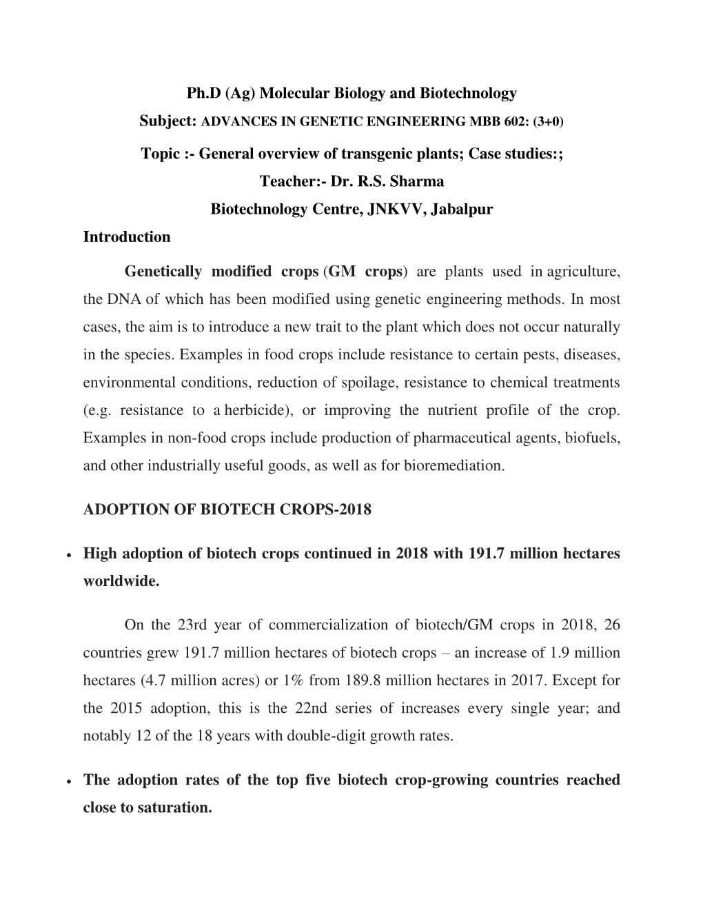 Ph.D (Ag) Molecular Biology and Biotechnology Topic