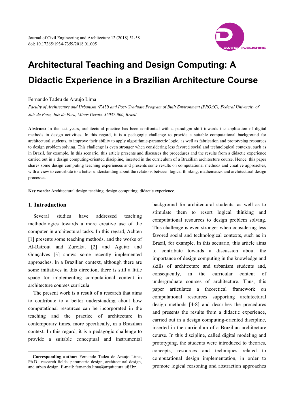 Architectural Teaching and Design Computing: a Didactic Experience in a Brazilian Architecture Course