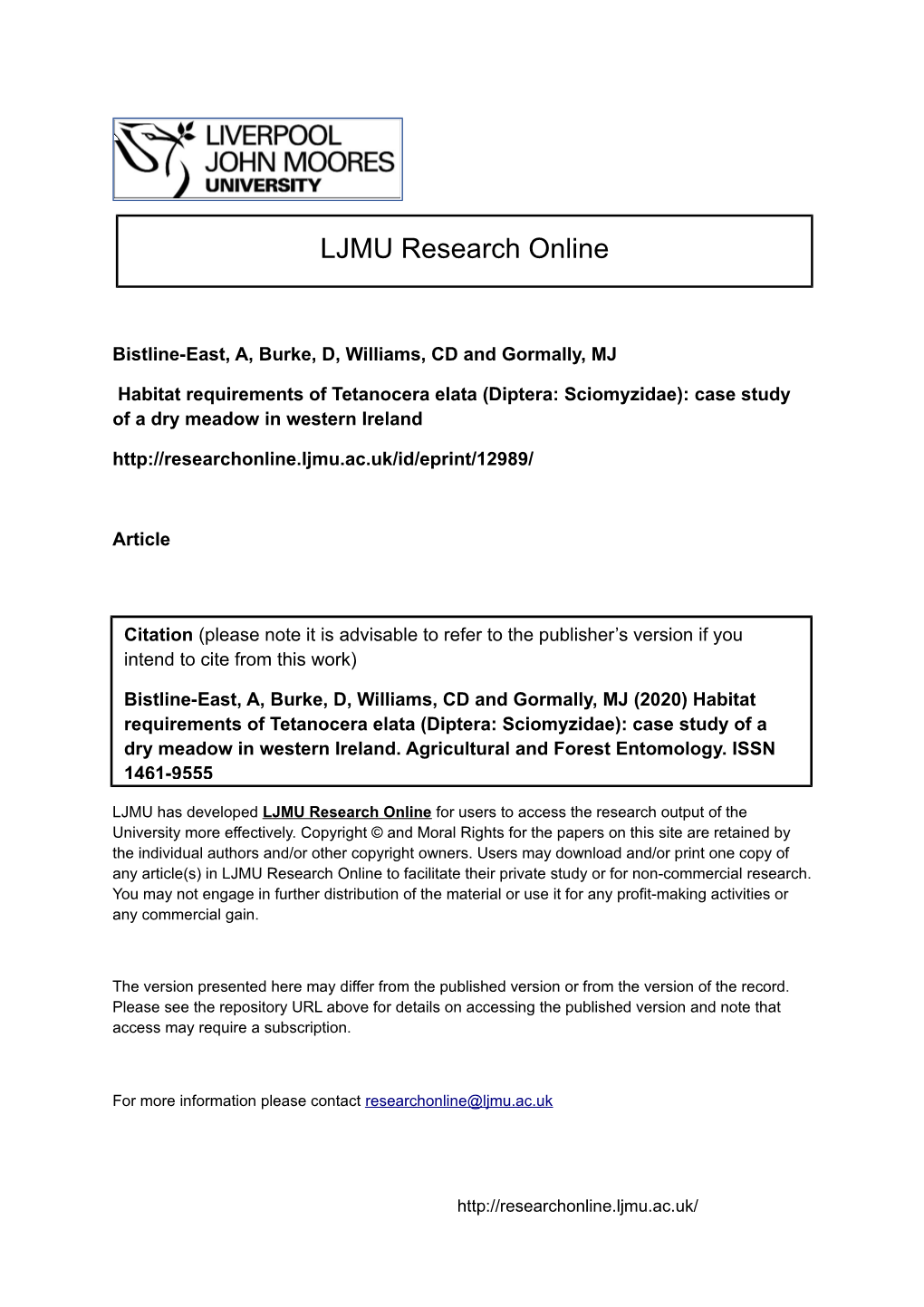 Habitat Requirements and Natural History of Tetanocera Elata (Diptera: Sciomyzidae)