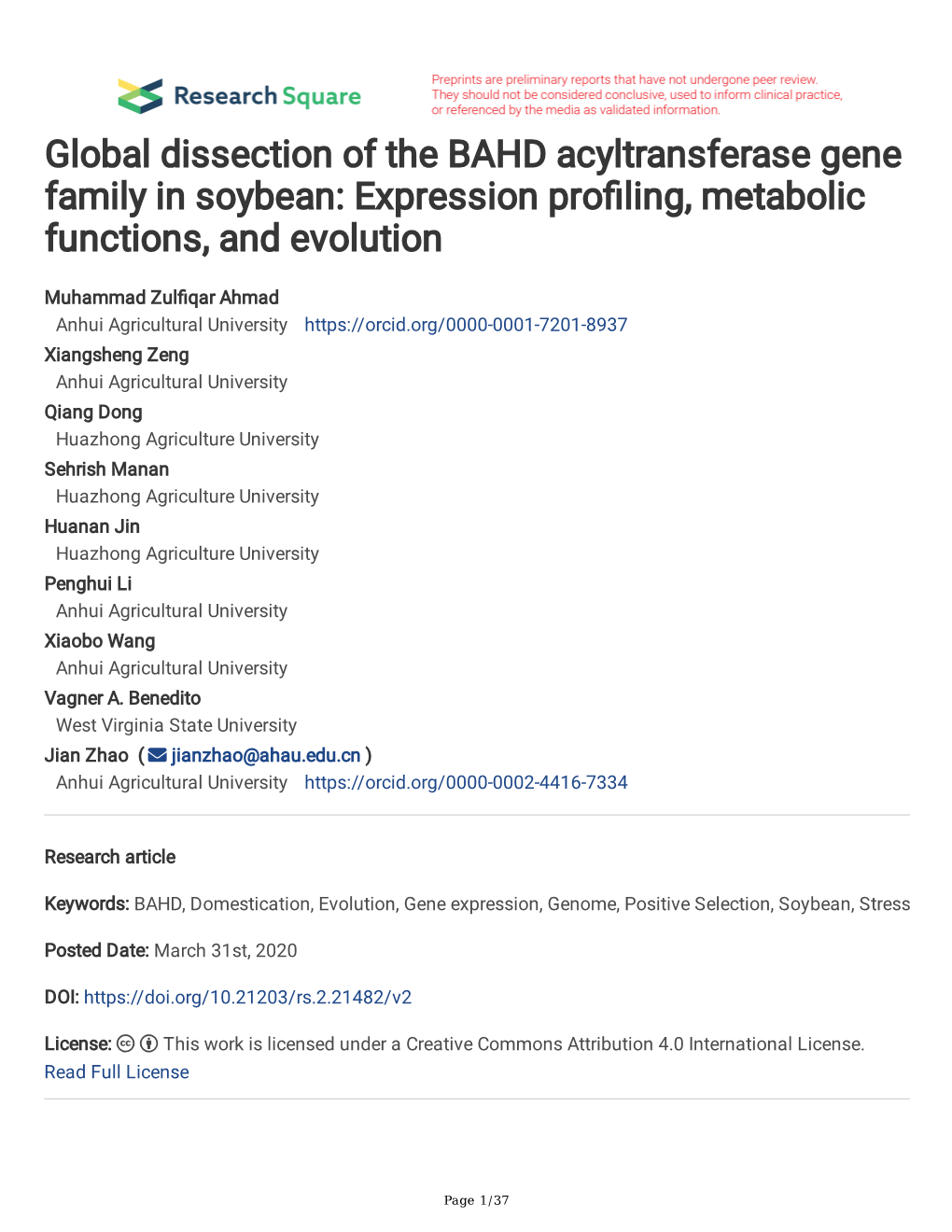 Global Dissection of the BAHD Acyltransferase Gene Family in Soybean: Expression Profling, Metabolic Functions, and Evolution