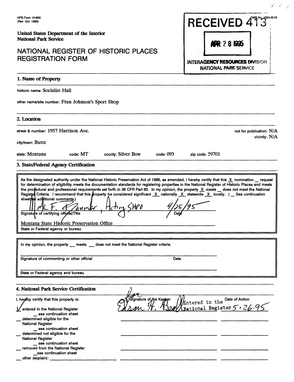 RECEIVED United States Department of the Interior National Park Service 0R28B9& NATIONAL REGISTER of HISTORIC PLACES REGISTRATION FORM