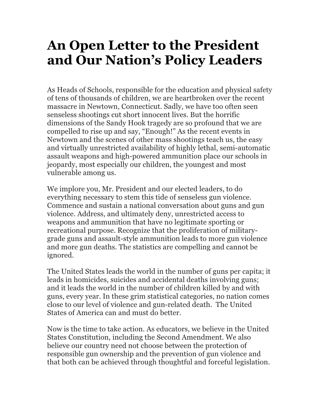 An Open Letter to the President and Our Nation’S Policy Leaders